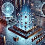 A futuristic quantum computer with a glowing circuit board, quantum bits (qubits) represented as floating energy spheres, and a holographic display sh