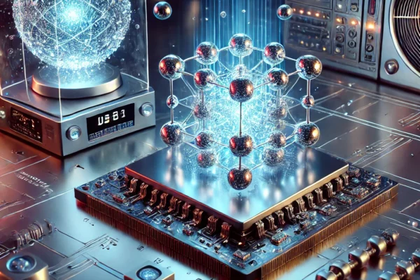 A futuristic quantum computer with a glowing circuit board, quantum bits (qubits) represented as floating energy spheres, and a holographic display sh
