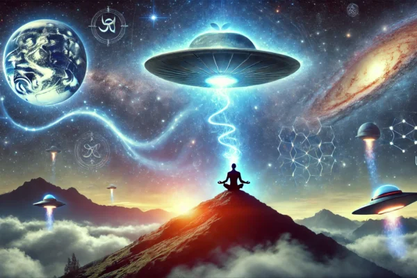 A-surreal-landscape-depicting-human-consciousness-reaching-out-to-a-glowing-unidentified-aerial-phenomenon-UAP-in-the-sky