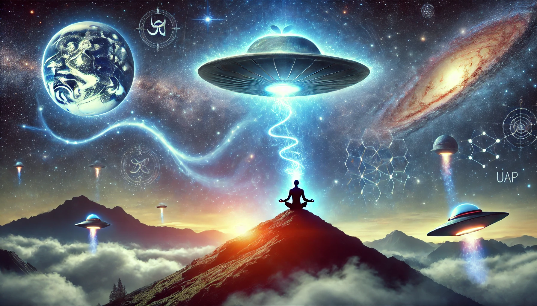 A-surreal-landscape-depicting-human-consciousness-reaching-out-to-a-glowing-unidentified-aerial-phenomenon-UAP-in-the-sky