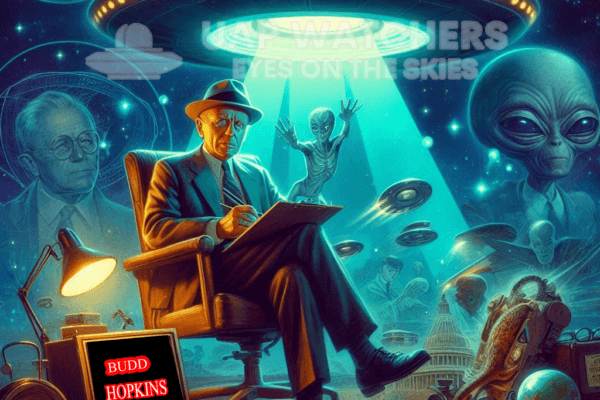 a man sitting in a chair with a ufo behind him