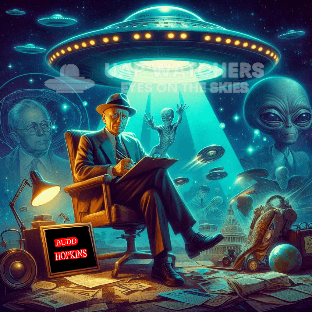 a man sitting in a chair with a ufo behind him