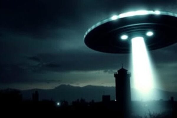a ufo with light coming out of the sky