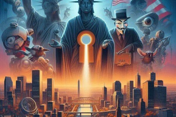a poster of a city with a statue of liberty and a keyhole